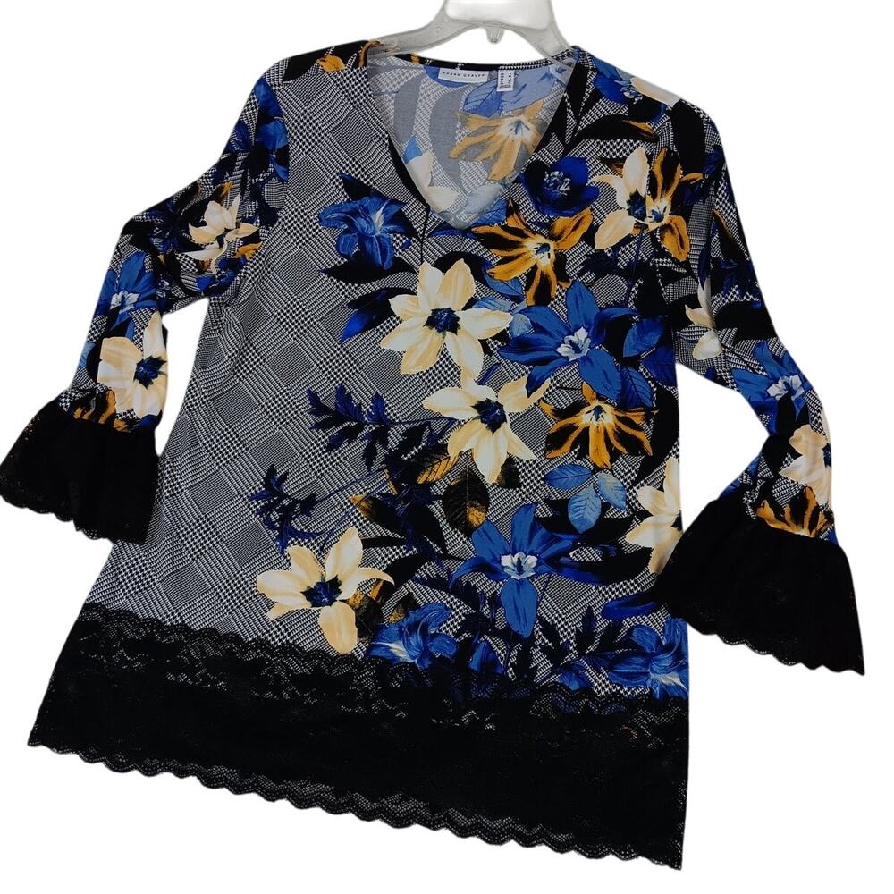 Susan Graver Liquid Knit‎ Blouse Womens L Black/Blue Floral Boho Chiffon Ruffle